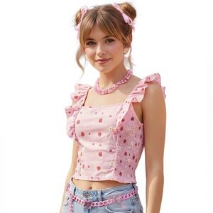 Crop Top Kawaii Strawberry Print Ruffle Softgirl Kidcore Y2K Cottagecore Fairy